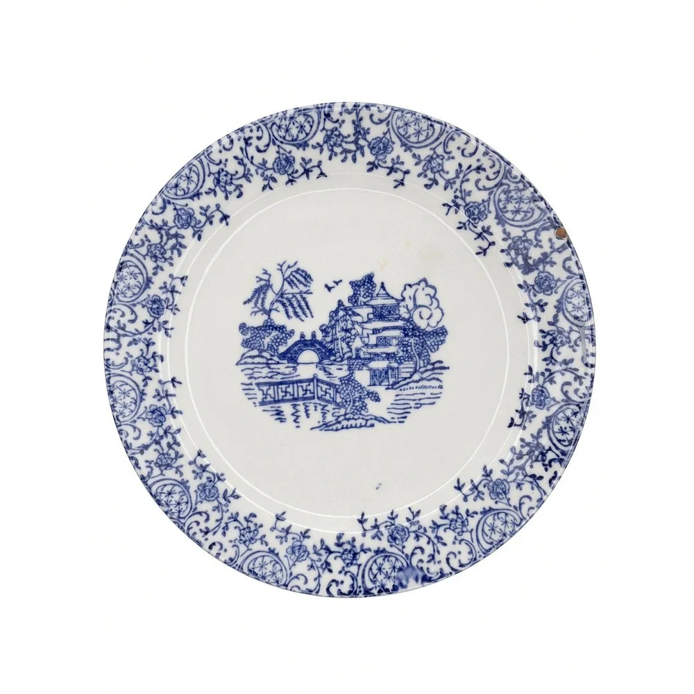 Vintage Blue White Transferware Plate 6.5 Inch Chinoiserie Pagoda Willow Scene